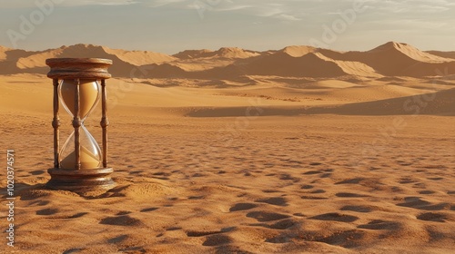 A barren desert landscape with a broken hourglass filled with sand, representing the rapid passage of time and the urgency to address global warming.