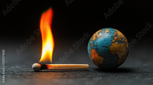 A burning matchstick placed near a globe, visually representing the danger global warming poses to the world and its accelerating climate crisis. photo