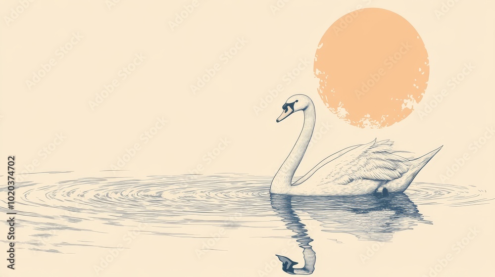 Fototapeta premium Elegant vector line drawing of a swan swimming in calm waters at sunrise.