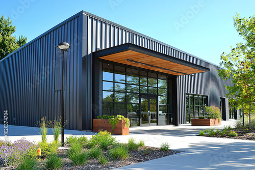 Sleek Steel Exterior of Modern Warehouse Office Building