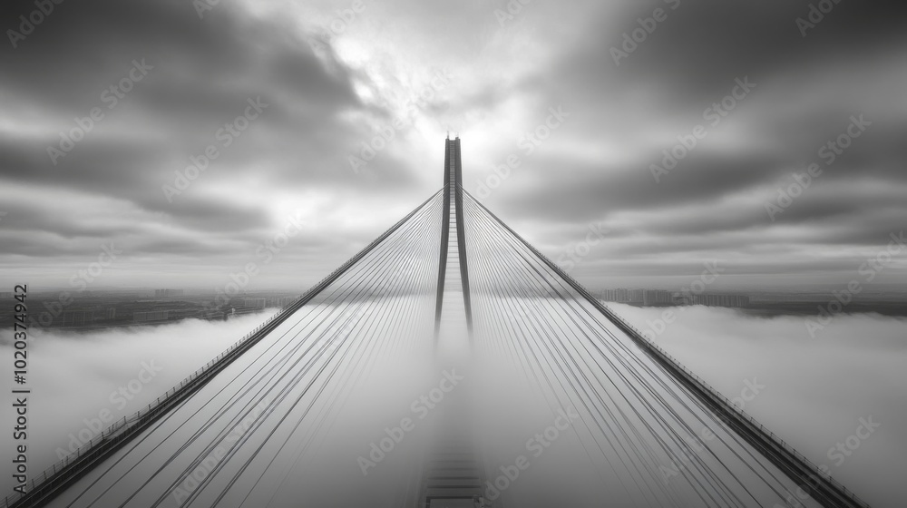 Fototapeta premium Bridge Tower Emerging from Fog with a City Skyline in the Distance