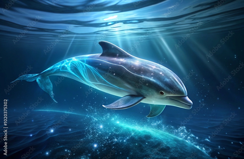 Fototapeta premium Illustrate bioluminescent plankton glowing in the water as a dolphin swims through, creating a magical scene. 