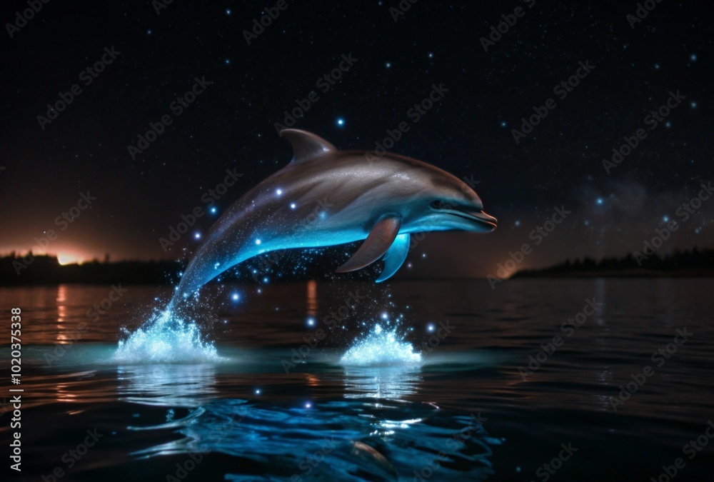 Illustrate bioluminescent plankton glowing in the water as a dolphin swims through, creating a magical scene.