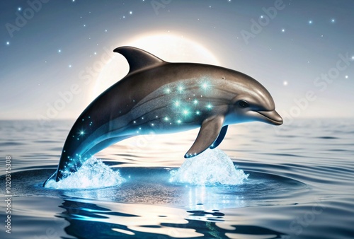 Obraz na płótnie Illustrate bioluminescent plankton glowing in the water as a dolphin swims through, creating a magical scene.
w salonie
