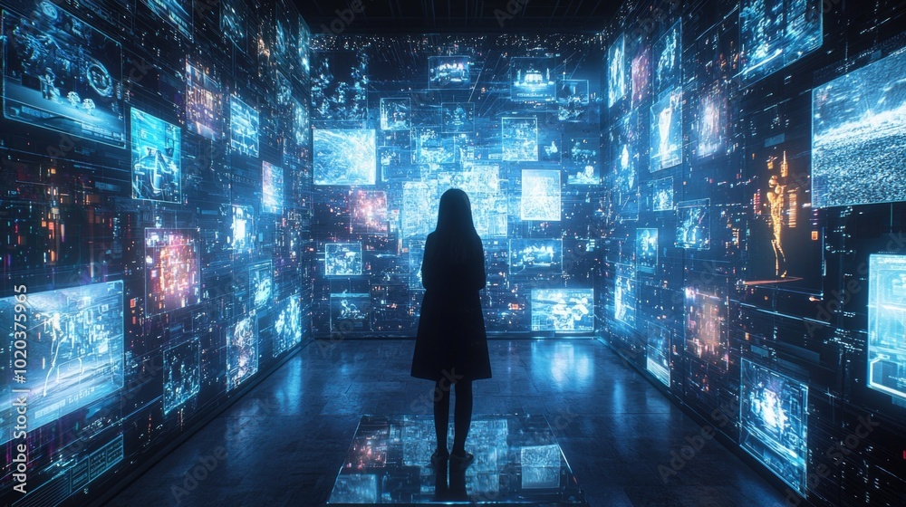 Individual exploring a futuristic digital art installation Individual exploring a futuristic digital art installation