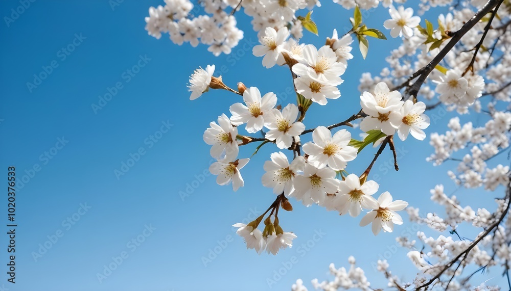 White cherry blossoms on a tree against a clear blue sky White cherry blossoms on a tree against a clear blue sky