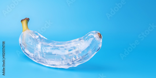 Banana made of ice on blue background, copyspace