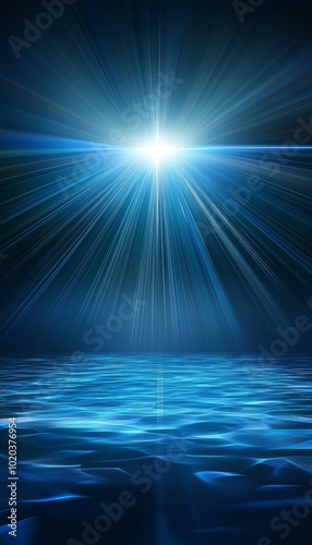 Dark Blue Ocean Surface At Night, Sunlight And Light Rays Over Waves, Abstract Background.