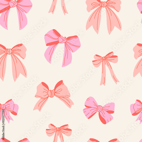 Seamless pattern with cute pink bows. Trendy hair braiding accessory. Hand drawn vector illustration.