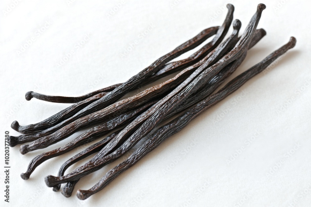 Elegant arrangement of vanilla beans on a clean surface showcasing their natural beauty Elegant arrangement of vanilla beans on a clean surface showcasing their natural beauty