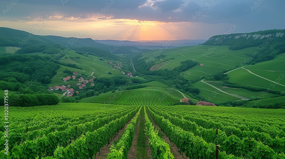 Vast Vineyard Landscape at Sunset With Rolling Hills and Distant Village in Serene Countryside Vast Vineyard Landscape at Sunset With Rolling Hills and Distant Village in Serene Countryside