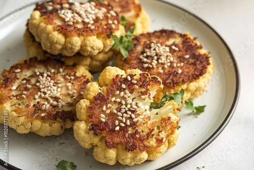 A photo of cooked vegetarian fried cauliflower cutlets on a plate