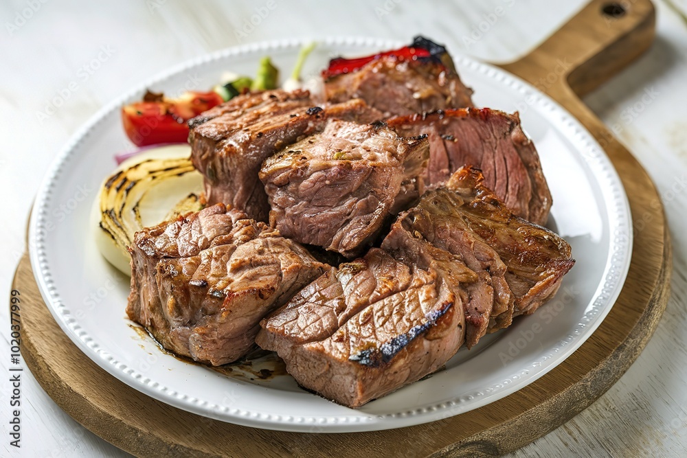 A picture of a white plate with hot grilled meat