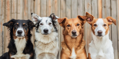 Four-Legged Friends: A heartwarming portrait of four diverse dogs, each with unique personalities and charm, standing side-by-side against a rustic wooden backdrop. 