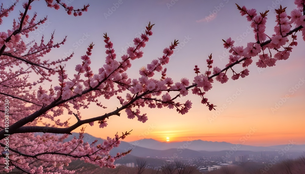 Pink cherry blossoms on a tree against a sunset sky Pink cherry blossoms on a tree against a sunset sky