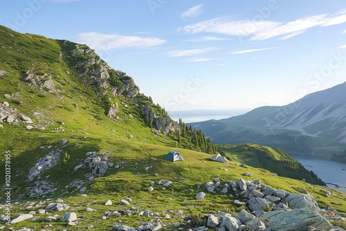 a small tent on a green mountain slope covered with rocks.