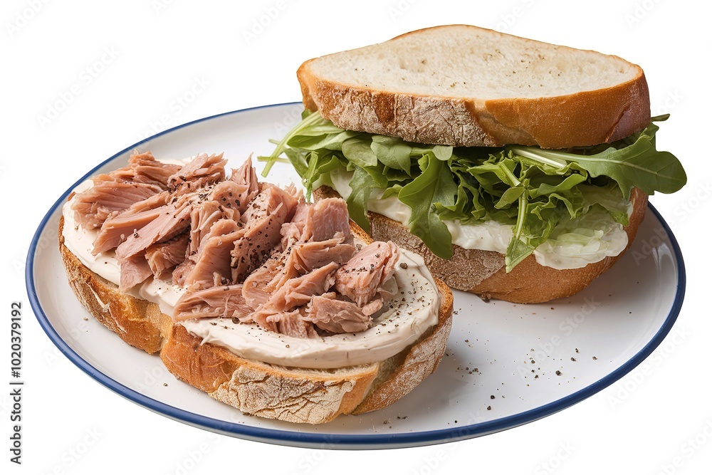 a toasted bread slice topped with canned tuna, lettuce, and arugula a toasted bread slice topped with canned tuna, lettuce, and arugula