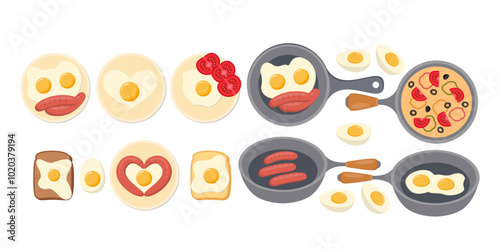 Breakfast Egg Dishes Collection. Fried Eggs, Sandwiches, Sausages, Omelette Vector Flat Set.