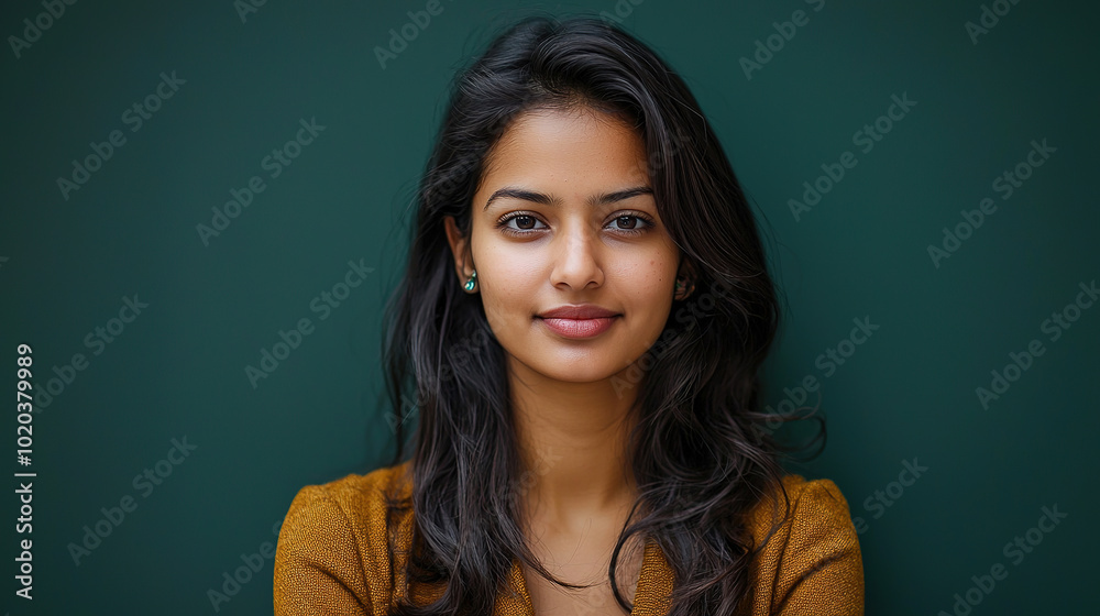 Young Indian woman isolated on green chroma background who feels confident Young Indian woman isolated on green chroma background who feels confident