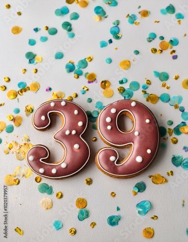 Decorated cookie, number 39, image for birthday or anniversary celebration photo