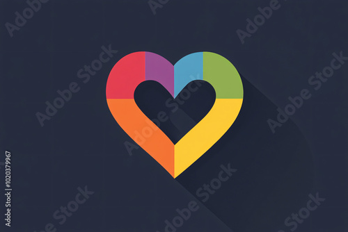 Heart design in bright geometric colors of red orange green and yellow on a dark background with a clean minimalist style 