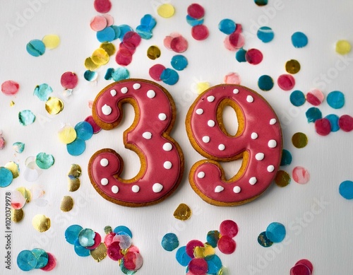 Decorated cookie, number 39, image for birthday or anniversary celebration