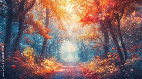 Autumn Forest Scenery with Road: A scenic autumn forest with a path covered in fall leaves, warm light illuminating the golden foliage.