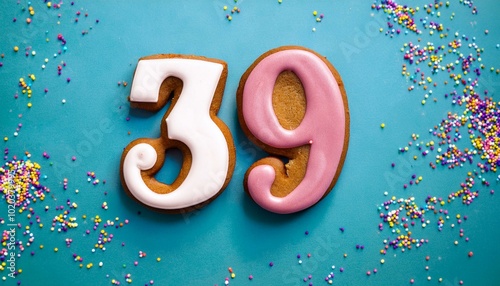 Decorated cookie, number 39, image for birthday or anniversary celebration