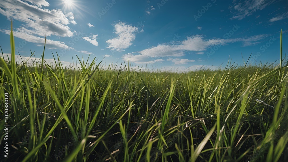 Obraz premium Horizontal landscape of green grass and clear blue sky with white cloud