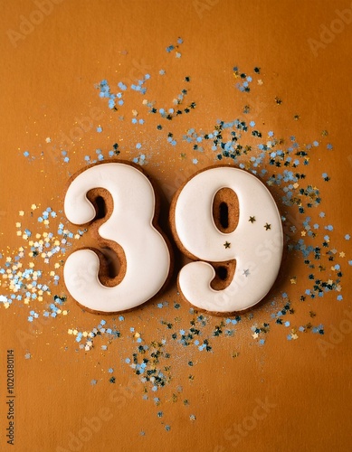 Decorated cookie, number 39, image for birthday or anniversary celebration