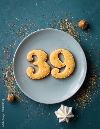 Decorated cookie, number 39, image for birthday or anniversary celebration