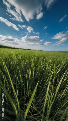 Vertical landscape of green grass and clear blue sky with white cloud