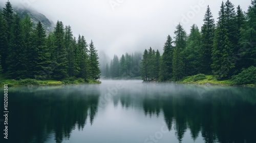 Misty Morning on a Still Mountain Lake Surrounded by Pine Trees