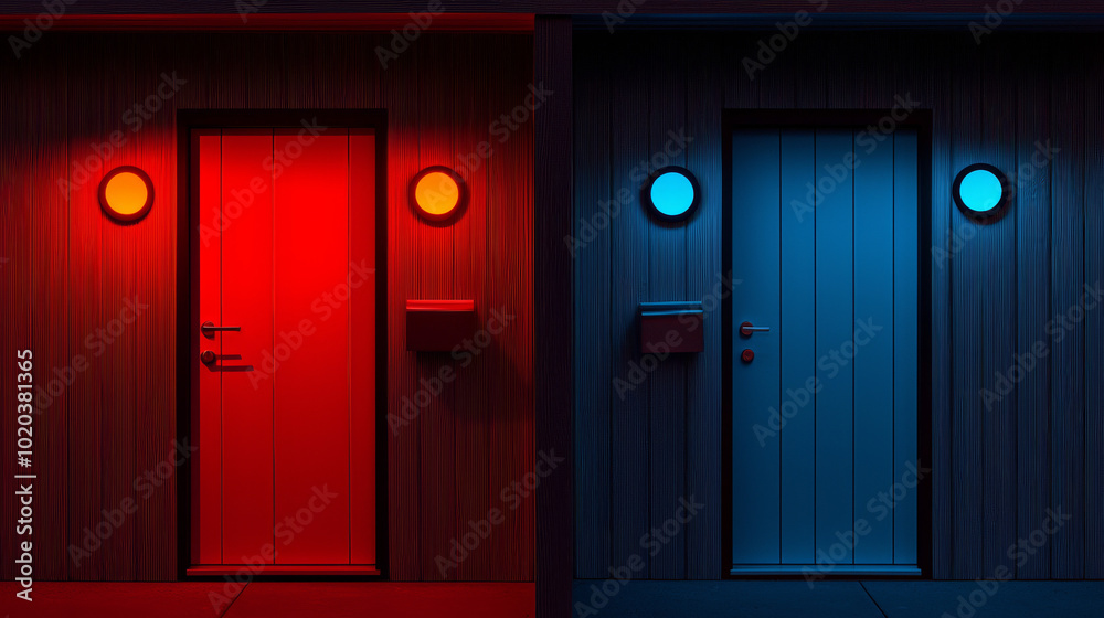 Contrasting doors illuminated by vibrant red and blue lights in a contemporary architectural setting during nighttime Contrasting doors illuminated by vibrant red and blue lights in a contemporary architectural setting during nighttime