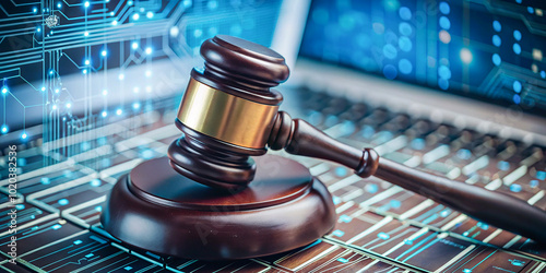 Digital gavel symbolizing the intersection of law and technology. photo