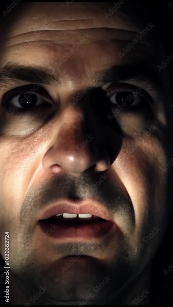 A close-up of a man's face in the dark, illuminated by a single light source A close-up of a man's face in the dark, illuminated by a single light source