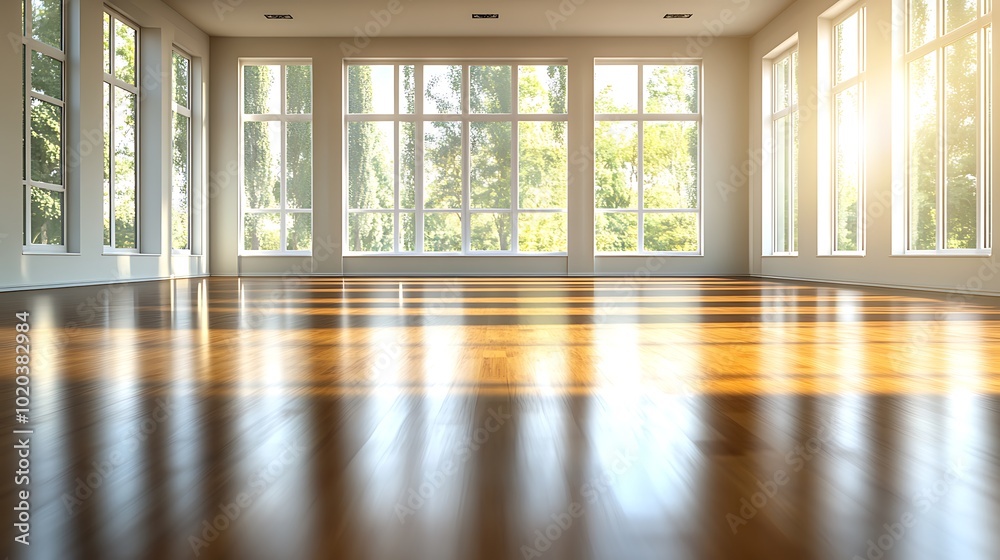 Obraz premium Wide-angle view of a modern gym, empty space with polished wooden floors, minimalist decor, large windows flooding the room with natural light, clean and spacious design, soft shadows, neutral tones,