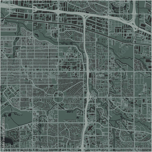 Map of Aurora in Colorado in a smooth dark style. Contains layered vector with roads water, parks, etc.