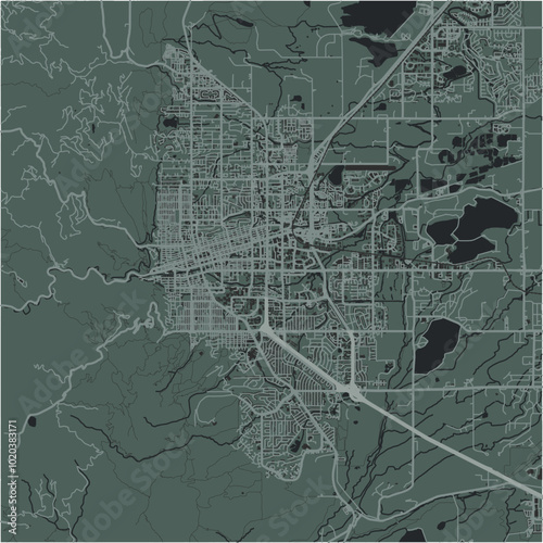 Map of Boulder in Colorado in a smooth dark style. Contains layered vector with roads water, parks, etc.
