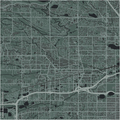 Map of Arvada in Colorado in a smooth dark style. Contains layered vector with roads water, parks, etc.