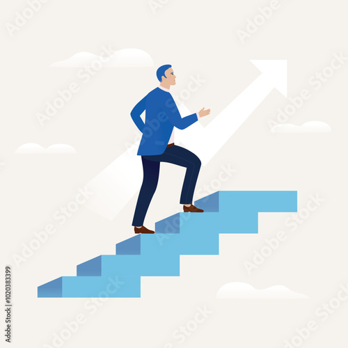 Vector illustration in flat style. Male businessman going upstairs