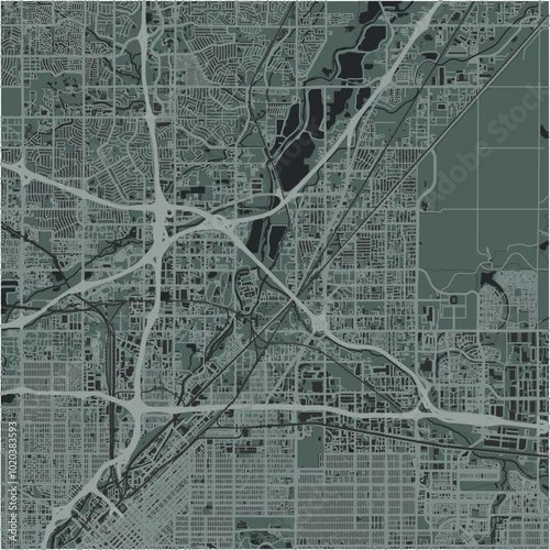Map of Commerce City in Colorado in a smooth dark style. Contains layered vector with roads water, parks, etc.