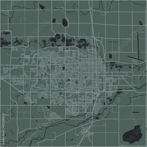 Map of Greeley in Colorado in a smooth dark style. Contains layered vector with roads water, parks, etc.