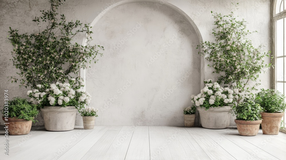 Fototapeta premium White Wall with Arched Entryway and Potted Plants