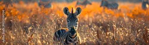 Zebra standing in tall grass with other zebras in the background, animal background, banner, copy space