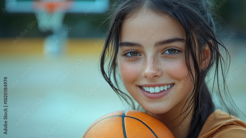 Young woman holding a basketball, smiling confidently on a court, symbolizing fitness, sports, and an active lifestyle, outdoors with a focus on athleticism and fun Young woman holding a basketball, smiling confidently on a court, symbolizing fitness, sports, and an active lifestyle, outdoors with a focus on athleticism and fun