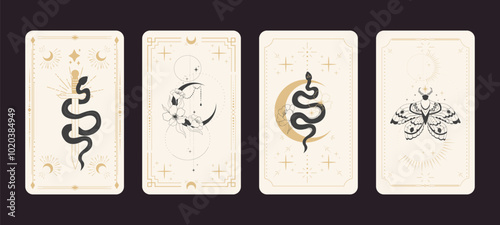 Tarot reverce border magic sacred frame gold line border celelstial mystery esoteric cover card decoration with snake stars and moon on dark background.