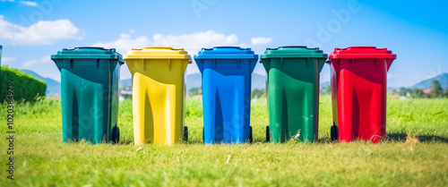 Colourful plastic garbage bins on green grass.