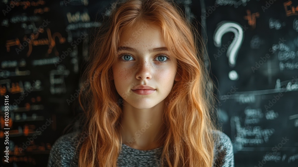 Thoughtful young woman in front of a chalkboard with question marks, representing curiosity, intelligence, and the pursuit of knowledge in a classroom setting Thoughtful young woman in front of a chalkboard with question marks, representing curiosity, intelligence, and the pursuit of knowledge in a classroom setting