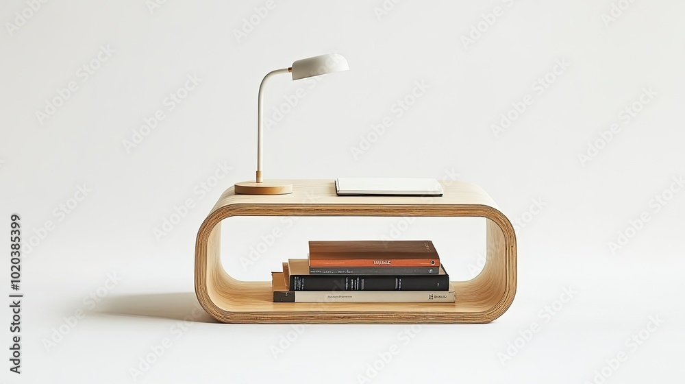 Compact desk with a simple lamp and stack of books, presented against a clean white background. Highlighting efficiency in small workspaces. Compact desk with a simple lamp and stack of books, presented against a clean white background. Highlighting efficiency in small workspaces.